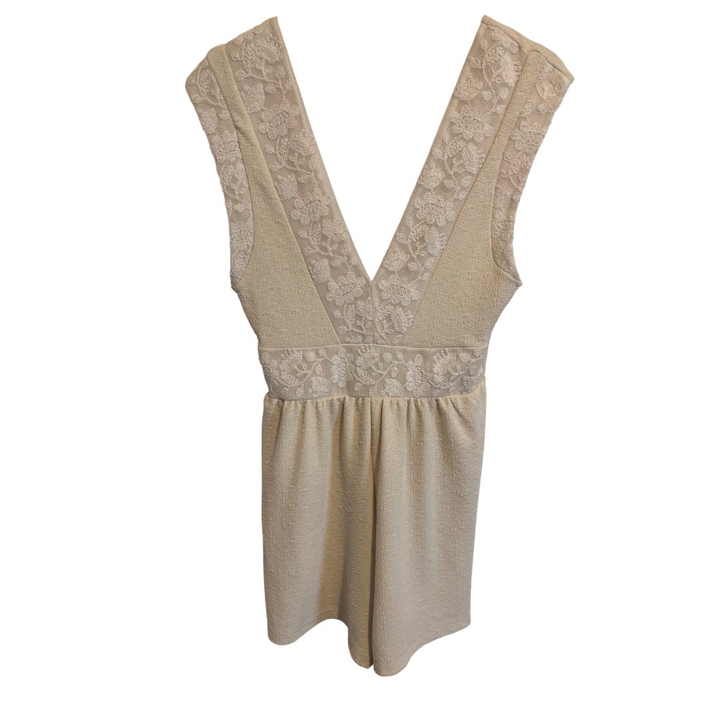 Zara Boho M Lace Trim V-Neck Romper Cream Textured Tassel Sleeveless Jumpsuit